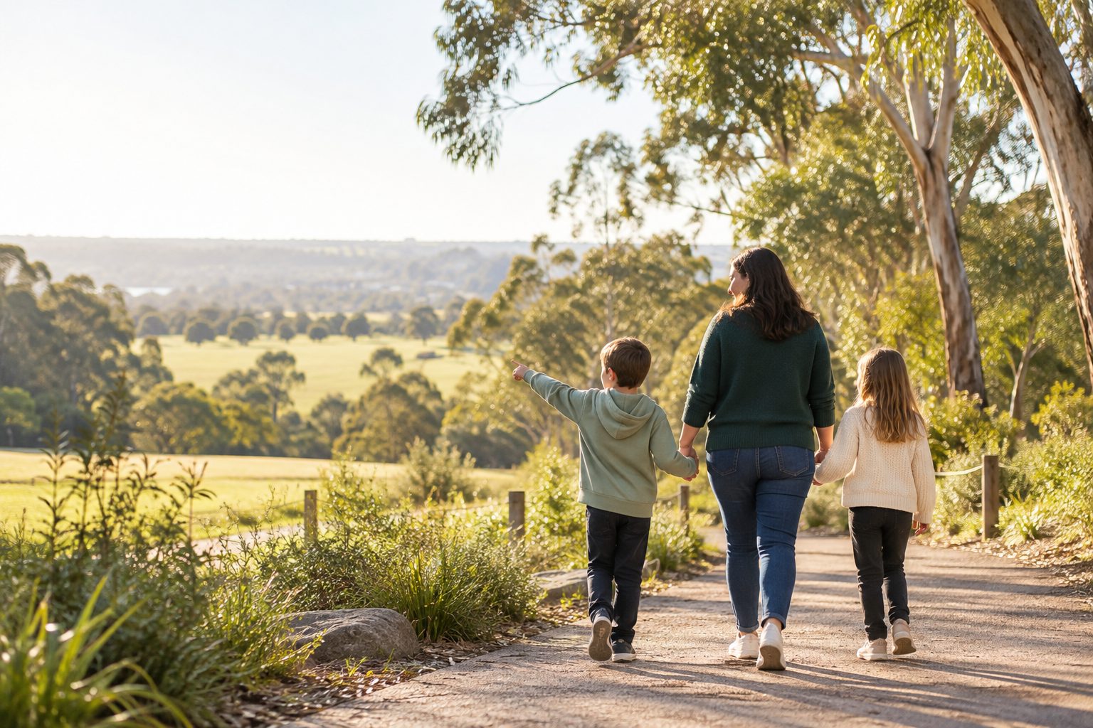 A family walking together in the Albury Wodonga bush